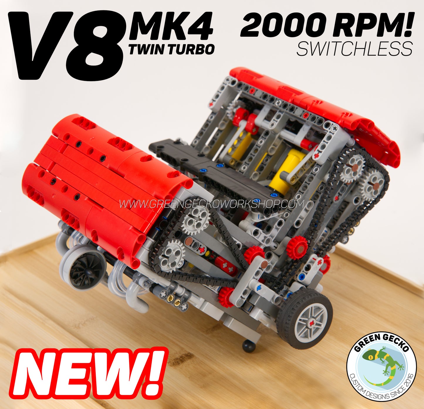 Complete Kit - MK4 V8 Twin Turbo Lego Pneumatic Engine - Switchless 2000RPM + FREE 5 Speed Gearbox!